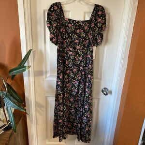 Goelia Silk Dress Women’s Size 8/10 NWT Dark Rose Garden Print Short Sleeve Maxi